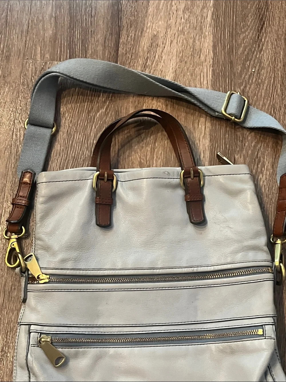 Fossil Explorer Light blue-Gray Leather fold over tote/Messenger Bag